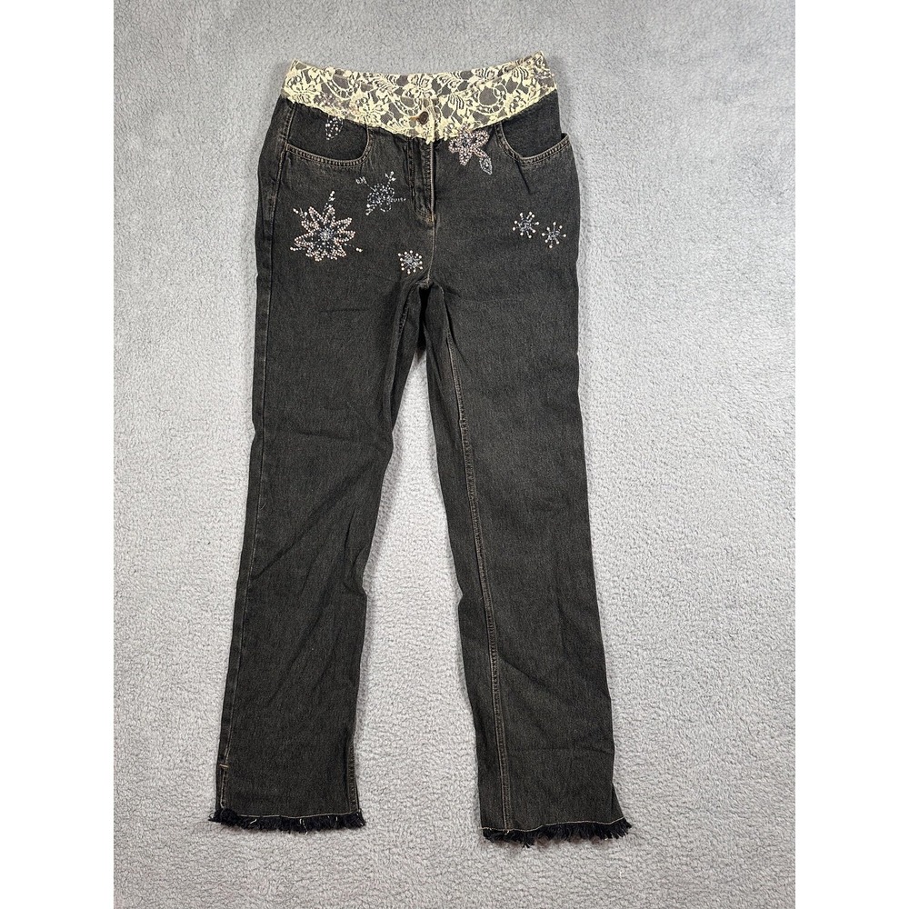 Newport News Jeanology Jeans Womens 6 Black Lace Waist Beaded Straight Leg Denim